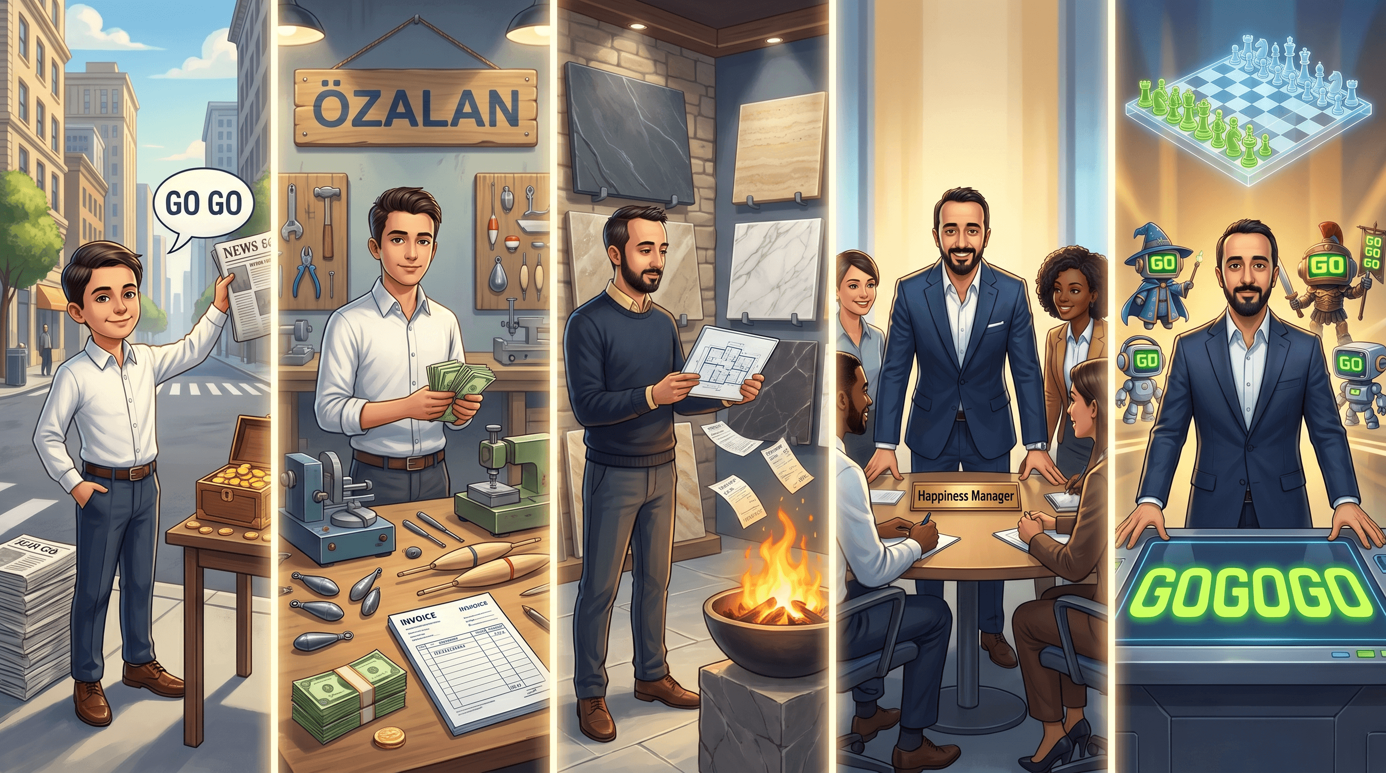 Painterly 3D life-arc of Okan — fishing-net workshop to natural-stone showroom to Happiness Manager team to the modern GOGOGO operating dashboard with four product GoBots and a chess motif overhead