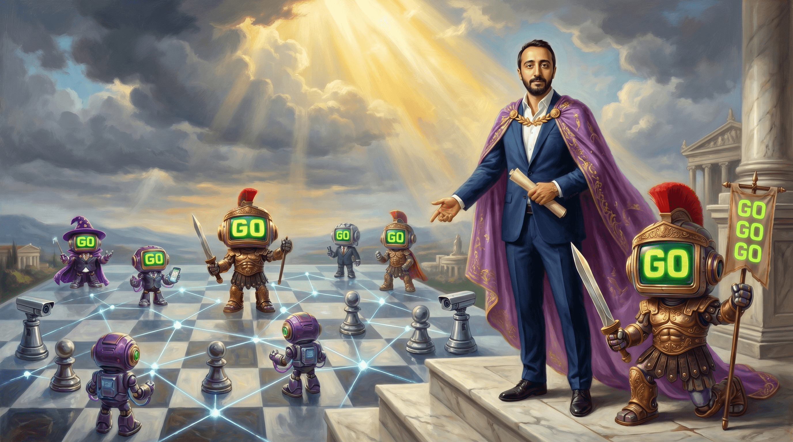 Painterly Friedrich-Wanderer-style mindscape of Okan looking out over a chess-board landscape of connected company nodes