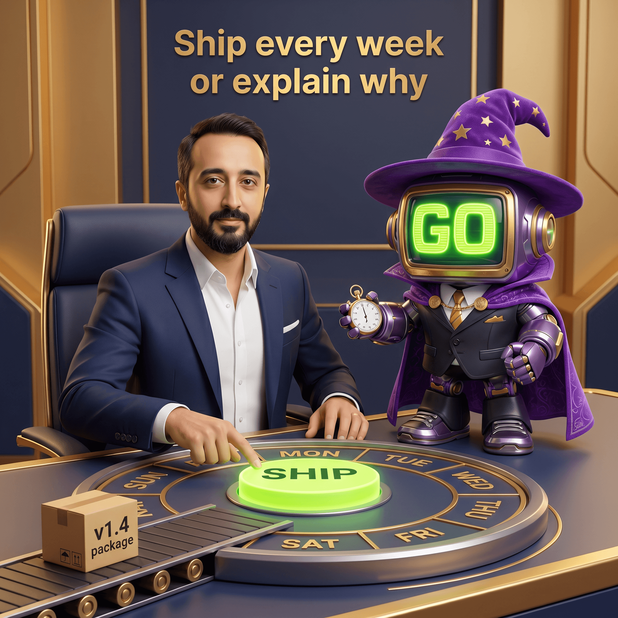 Mascot illustration · Ship every week or explain why you didn't
