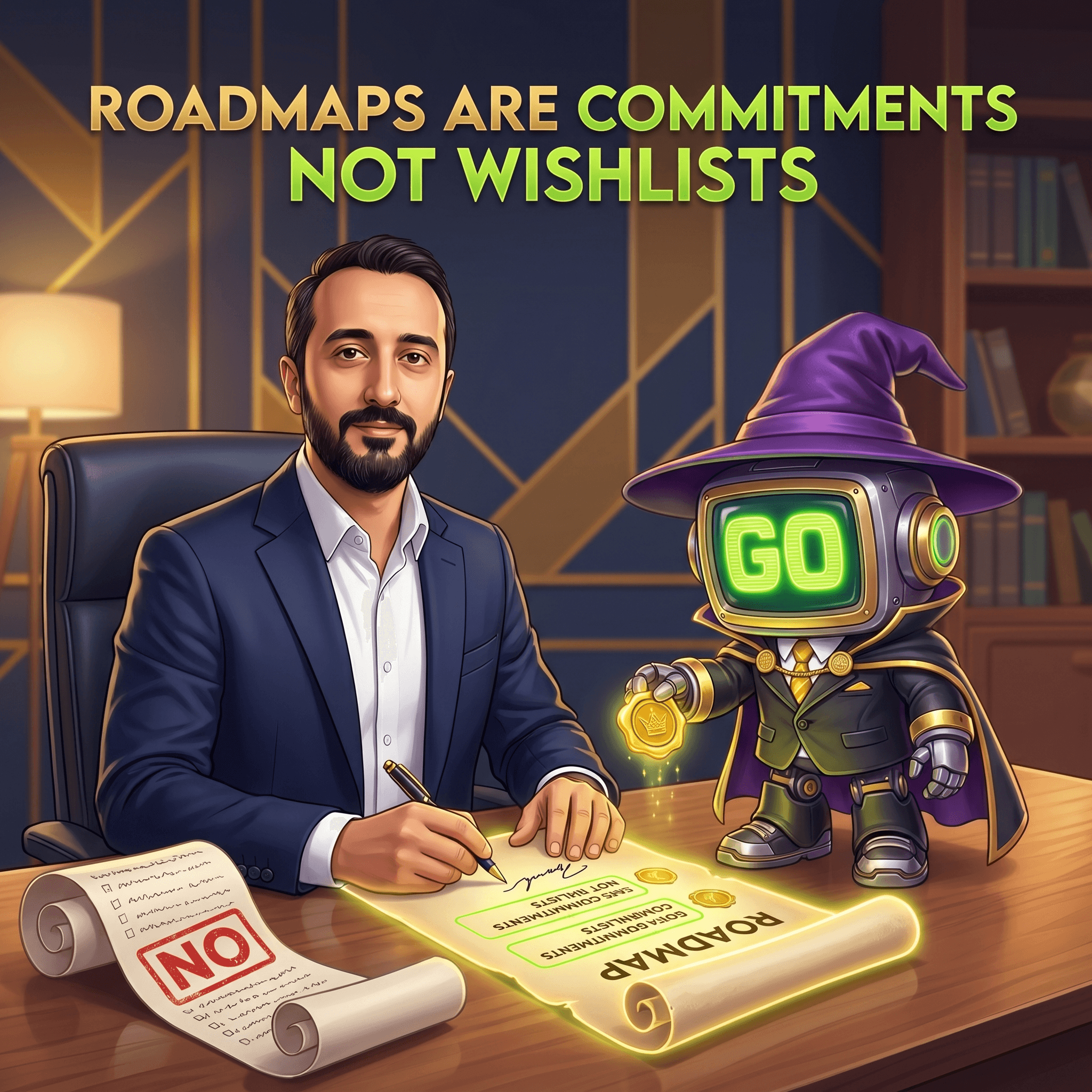 Mascot illustration · Roadmaps are commitments, not wishlists