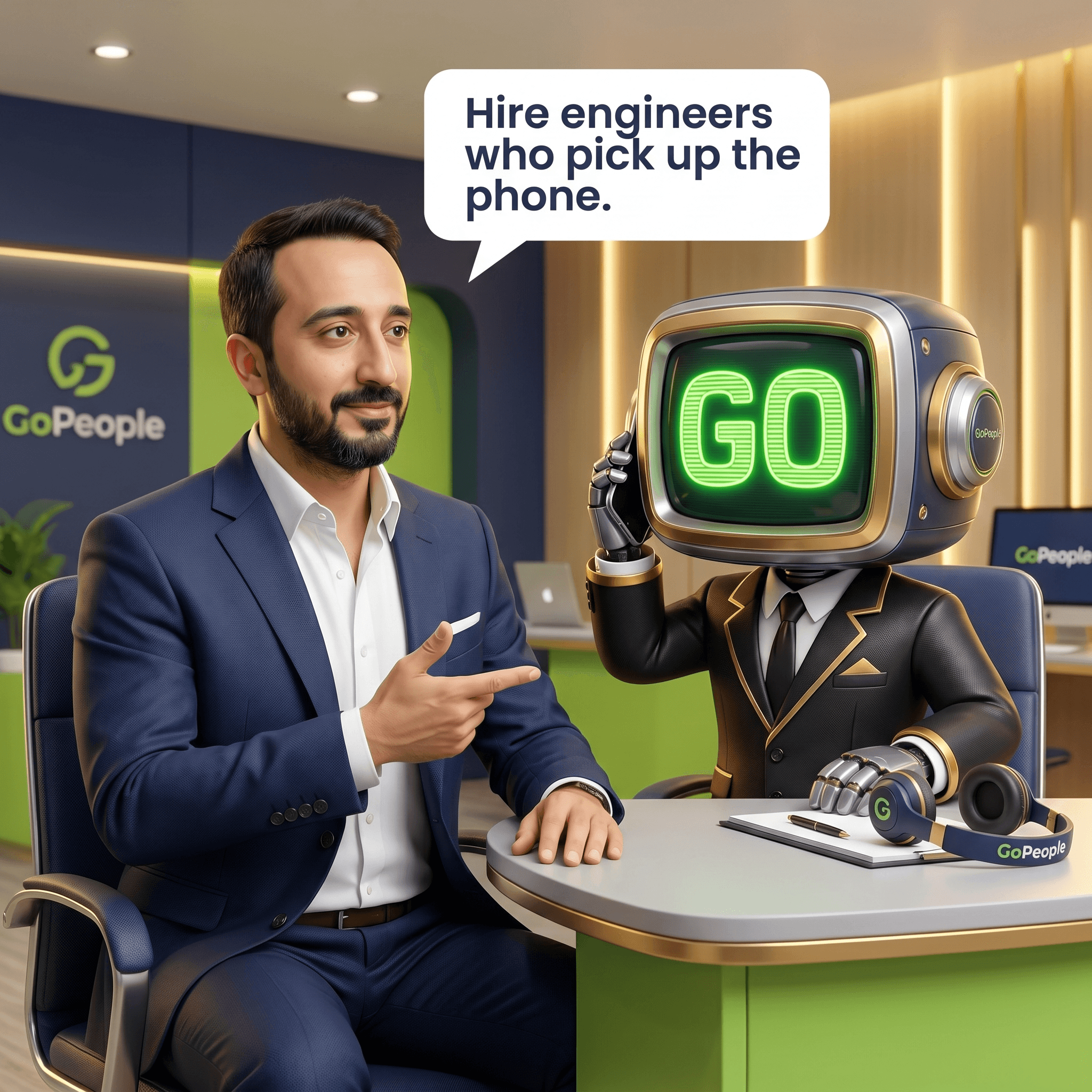 Mascot illustration · Hire engineers who pick up the phone
