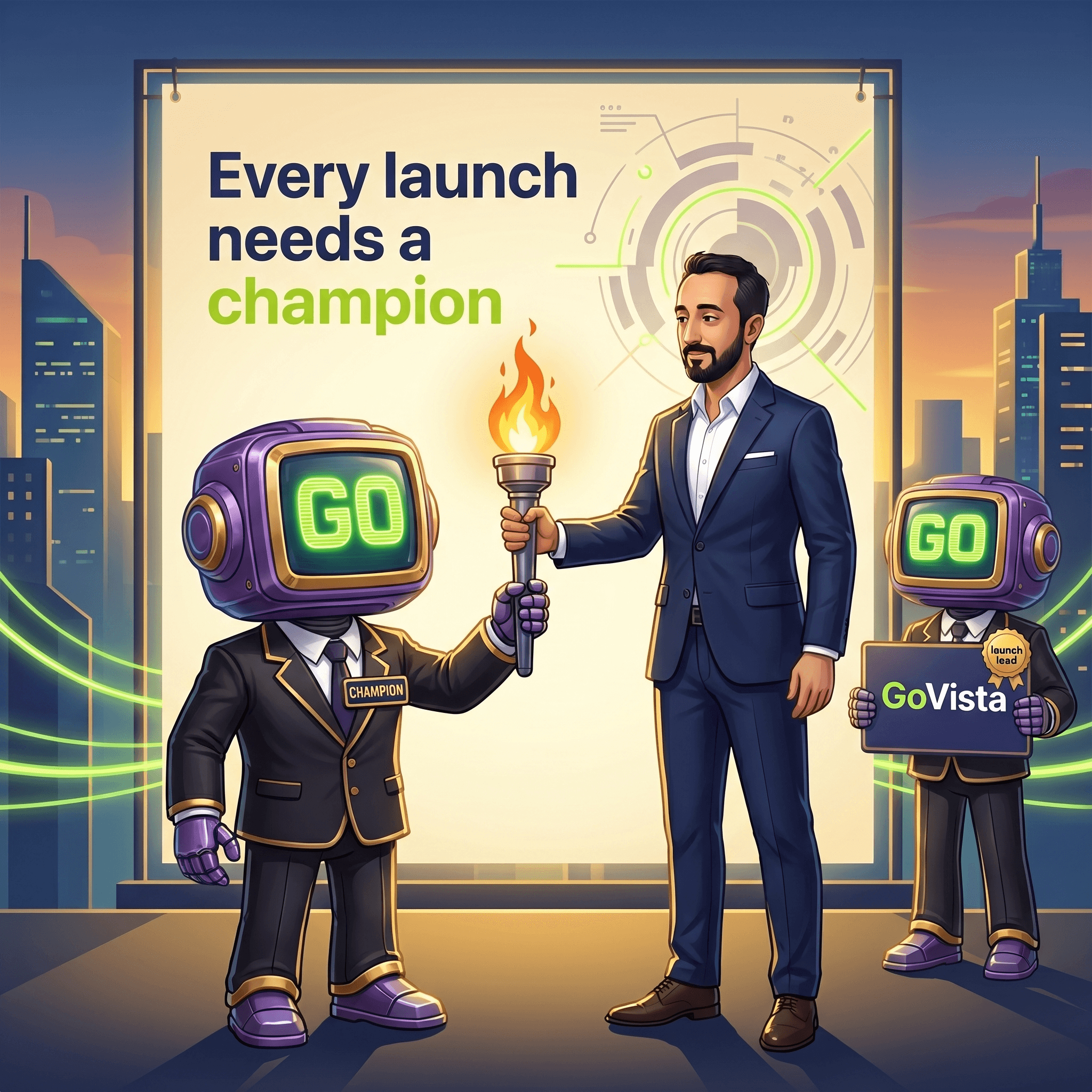 Mascot illustration · Every launch needs a champion in the room