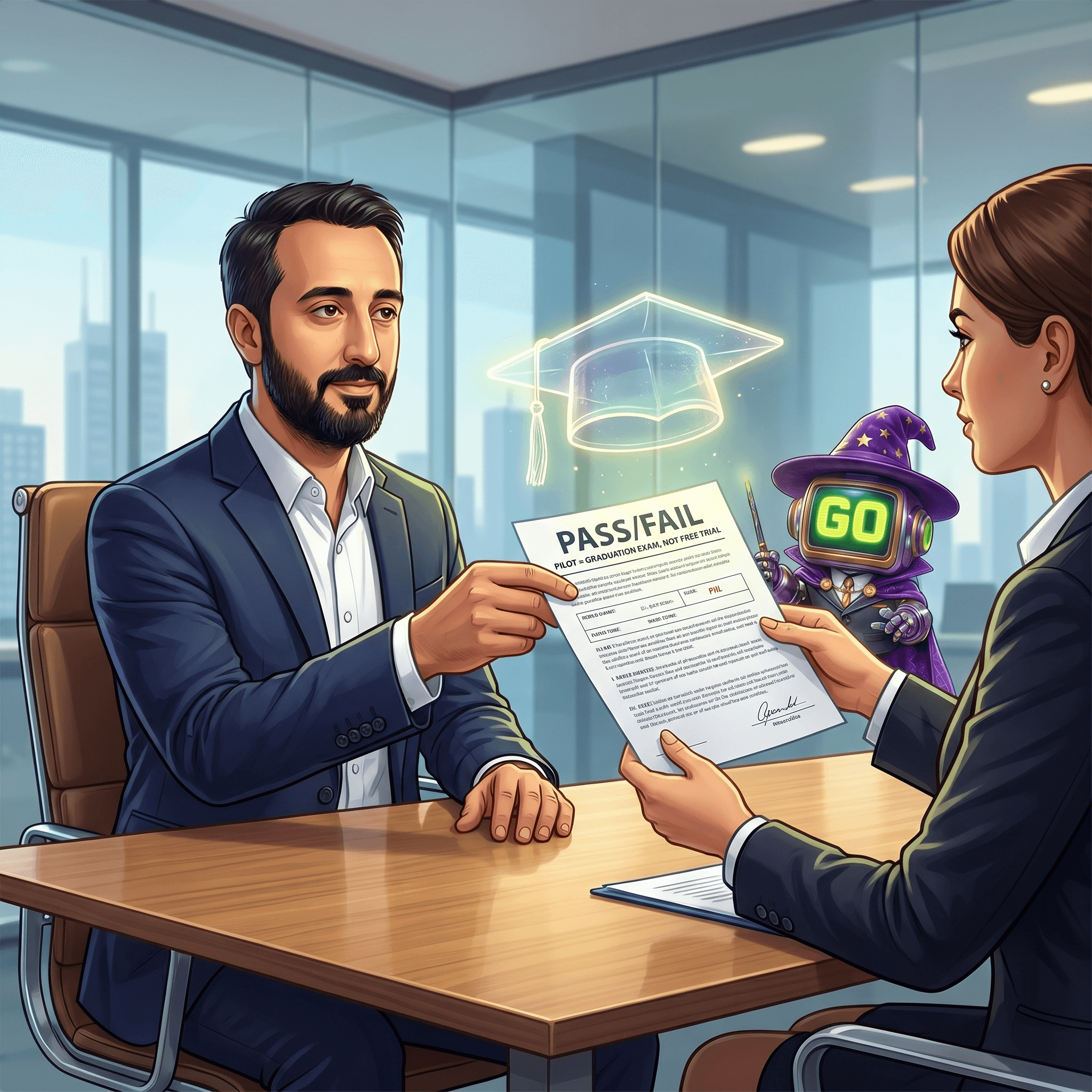 Mascot illustration · Pilots are graduation exams, not free trials